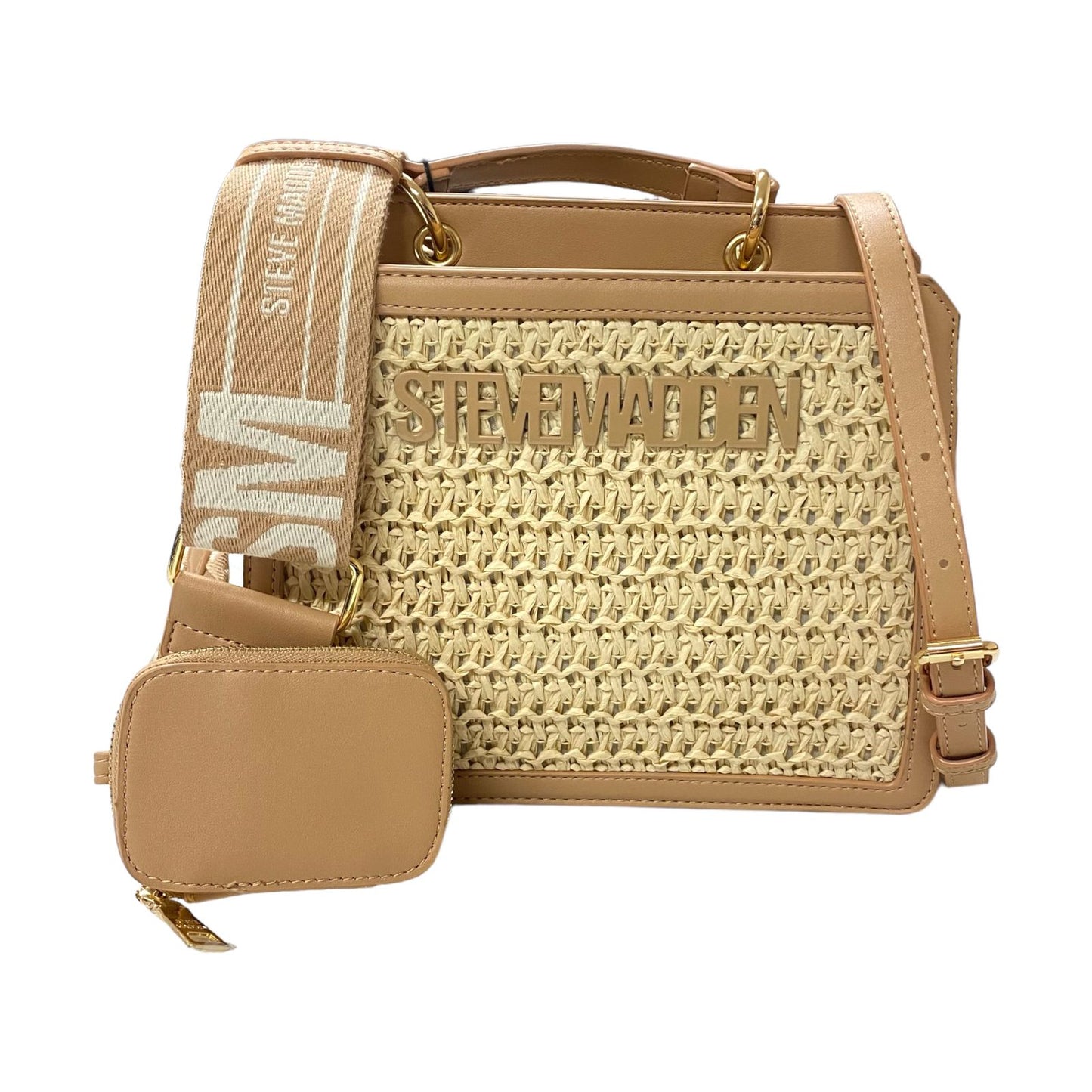 Bolsa Steve Madden Beige con Detalles de Mimbre y Monedero – Estilo Natural y Sofisticado